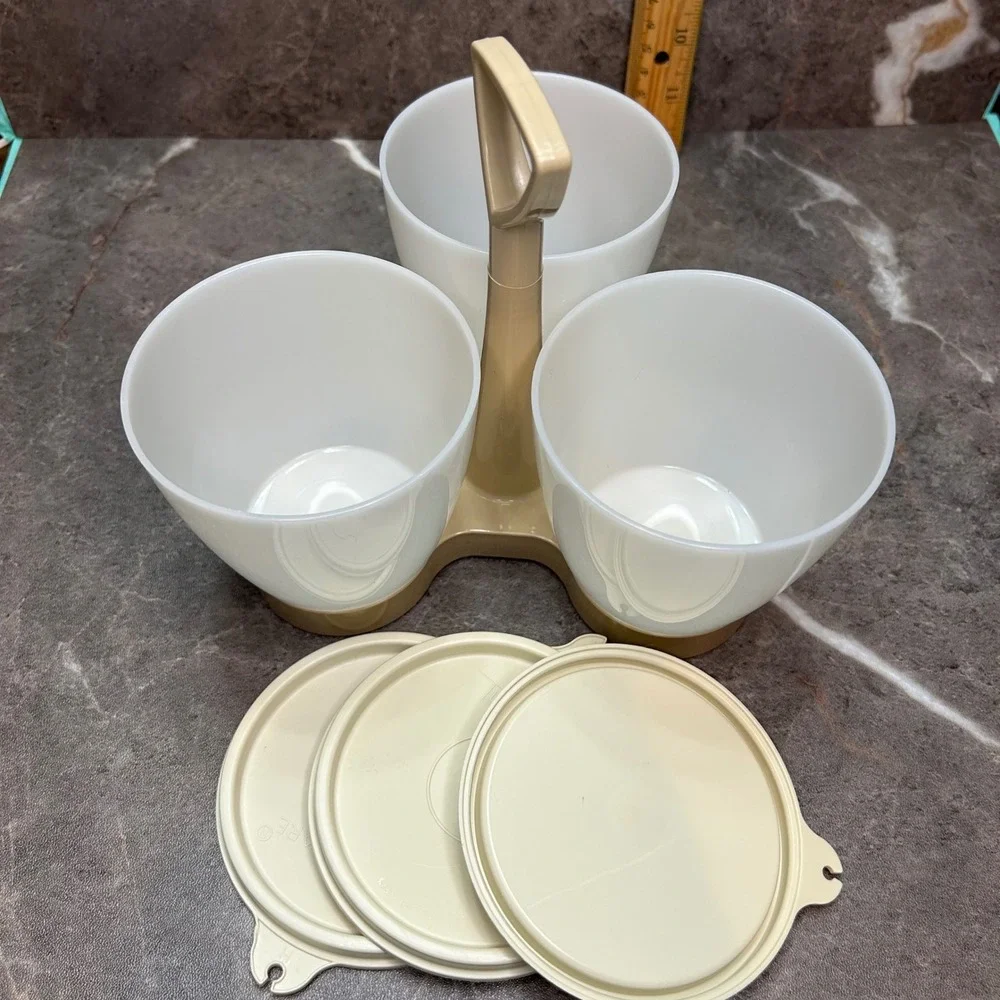 Vintage Tupperware Condiment Caddy 757-4 Almond White 3 Bowls Lids Handle Set